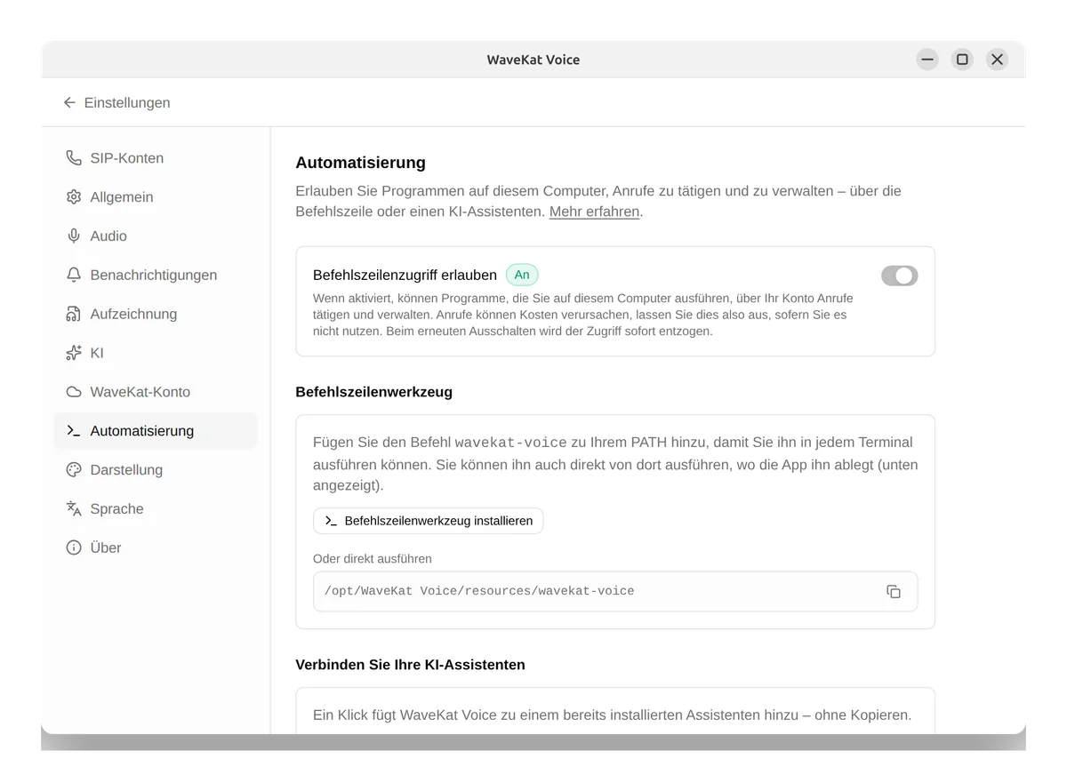 WaveKat Voice unter Ubuntu — die Automatisierungseinstellungen mit aktiviertem Befehlszeilenzugriff und der Schaltfläche zum Installieren des Kommandozeilen-Tools.