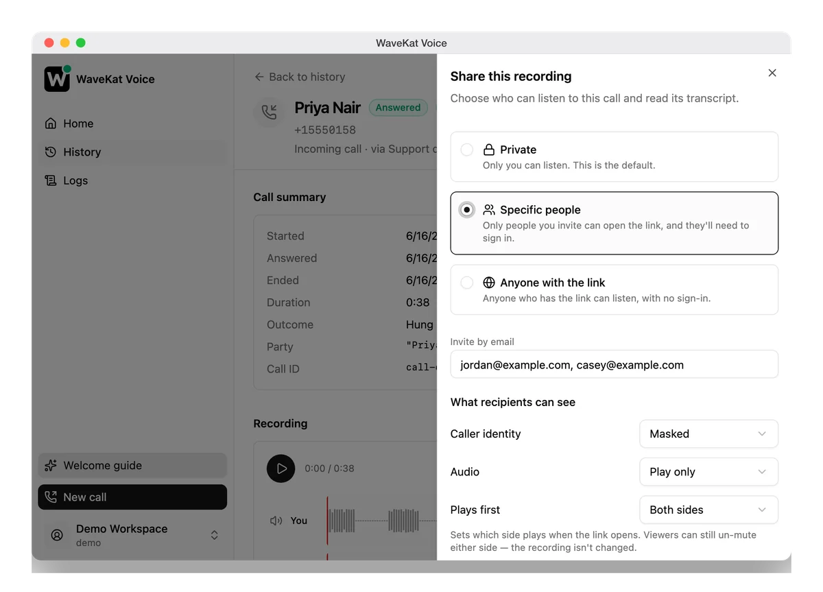 WaveKat Voice on Mac — the Share panel on a recorded call: the three access levels, an invite field, and the controls for what recipients can see.